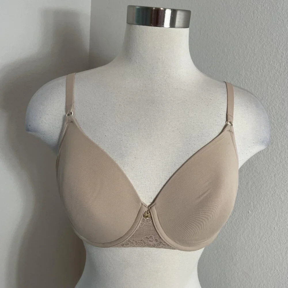 Natori T-Shirt Bra Womens 34D Beige Lace Underwire Lightly‎ Lined Microfiber